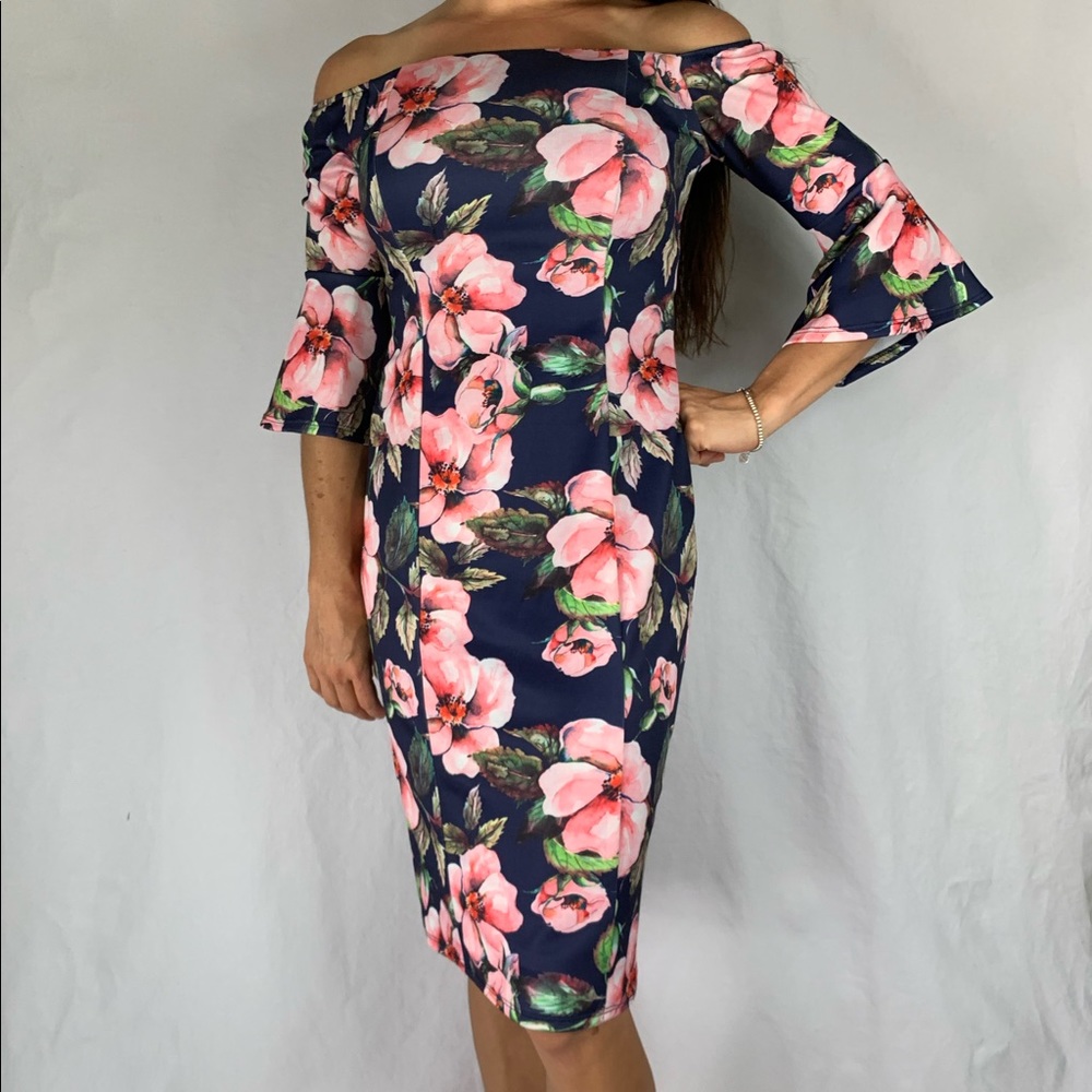 Off the shoulder, fitted, floral dress